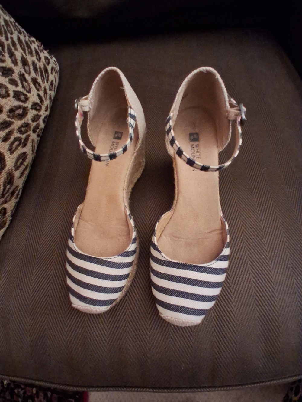 White Mountain Navy and White Striped Espadrille Wedge Sandals